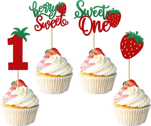 Miniatura 9 de Paquete de 24 adornos para cupcakes Sweet One con purpurina para primer cumpleaños, fresa, cupcakes, para frutas, baby shower, primer cumpleaños