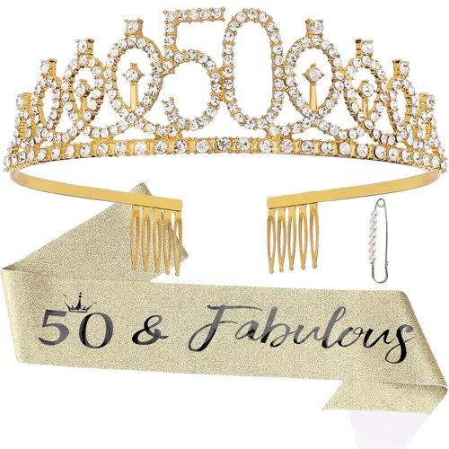 Semato 50 y Fabuloso Kit de Tiara y Banda de Cumpleaños - Regalos de Cumpleaños de 50 Años para Mujer, Decoraciones de Fiesta de Cumpleaños de 50