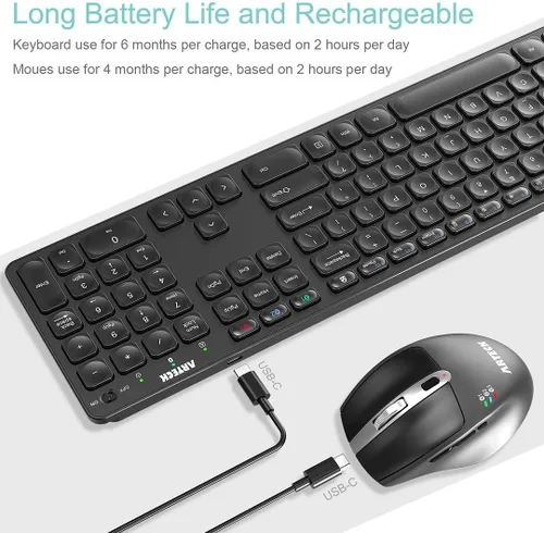 Miniatura 5 de Arteck Teclado y Ratón Bluetooth Universal Multidispositivo Teclado Bluetooth Inalámbrico de Tamaño Completo y Conjunto de Ratón Ergonómico