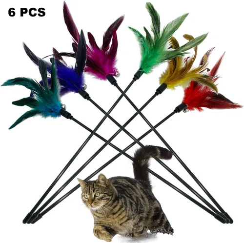 Miniatura 6 de Juguete de varita para gatos, 6 piezas interactivas para gatos, varita de plumas para gatos de interior (A)