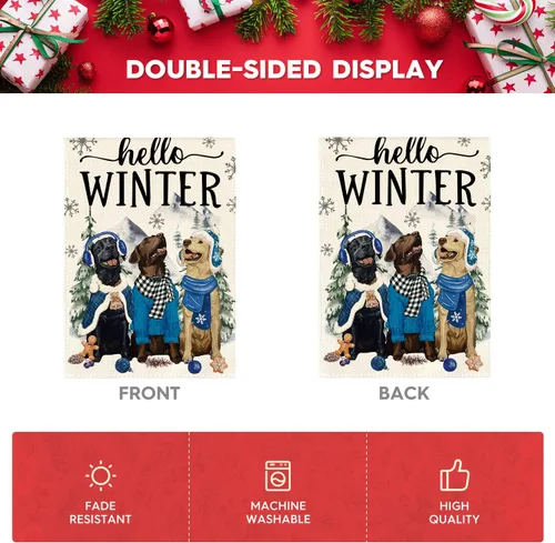 Miniatura 6 de AVOIN colorlife Bandera de Jardín Hello Winter Dog de 12x18 Pulgadas Doble Cara para Exterior, Bandera de Patio Exterior Rústica Estacional con Copo