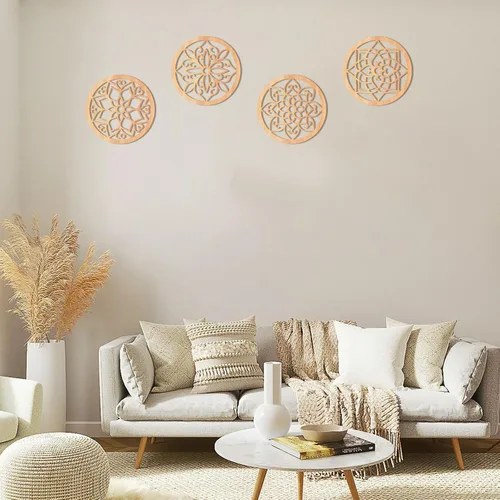 Miniatura 2 de KOYILTD 4 piezas gruesas de decoración de pared rústica, arte de pared tallado con flores, diseño hueco de madera tallada (redondo, 8.2 pulgadas)