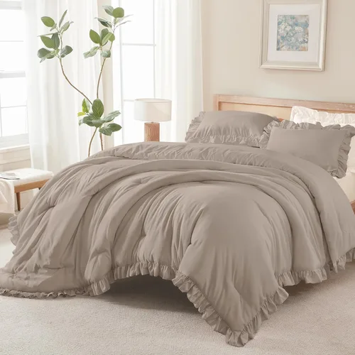 Miniatura 21 de Andency Juego de edredón beige tamaño King, 3 piezas estilo farmhouse shabby chic con volantes, ligero esponjoso suave de microfibra para todas