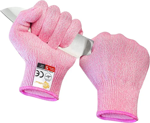 Guantes Evridwear resistentes a los cortes, grado alimenticio nivel 5, protección de seguridad para la cocina (Pequeño, Rosa)