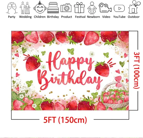 Miniatura 4 de Mocsicka Telón de fondo de cumpleaños de fresa para decoración de fiesta de cumpleaños de niña de fresa, fondo de fotografía de cumpleaños de dulce