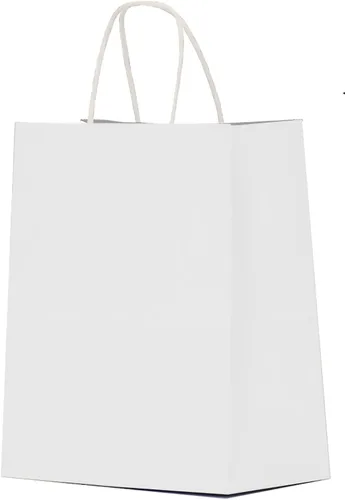 Qutuus Bolsas de papel blanco con asas a granel, 100 bolsas de regalo blancas de 8 x 4.5 x 10 pulgadas, bolsas de papel kraft reciclables, bolsas de