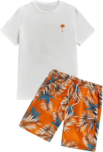 Miniatura 112 de GORGLITTER Conjunto de 2 piezas de camiseta gráfica de manga corta para hombre, estampado hawaiano con cordón y pantalones cortos