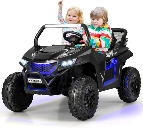 HONEY JOY Auto de 2 plazas, 12 V, batería de 12 V, con control remoto, suspensión de resorte, velocidad alta/baja, almacenamiento, música, USB, Negro
