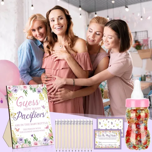 Miniatura 7 de Syhood Butterfly Baby Shower Games Guess How Many Chupetes Cartel de juego 50 pequeños juegos de adivinanzas, 20 lápices HB, botella de leche