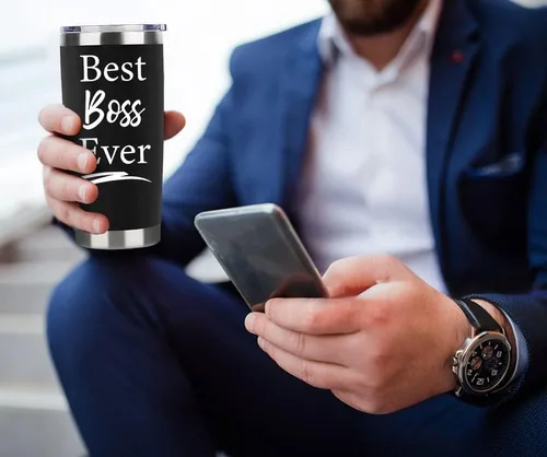 Miniatura 3 de Regalos para jefes para hombres y mujeres, vaso de vino negro de 20 onzas con tapa y pajilla, perfecto para regalos del día del jefe, Navidad