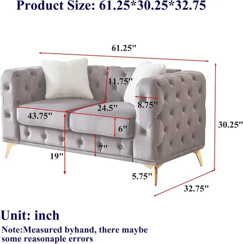 Miniatura 2 de KEIKI Sofá Chesterfield de terciopelo de lujo de 61 pulgadas con 2 almohadas, estilo mediados de siglo con botones copetudos de 2 plazas con cojines