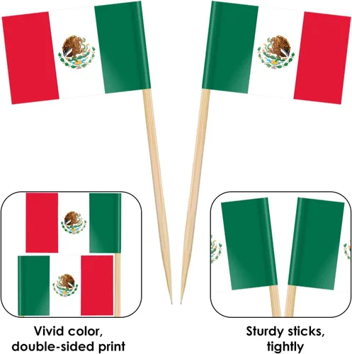 Miniatura 3 de AhfuLife 200 piezas de banderas mexicanas en palillos para decoraciones del Día de la Independencia de México, mini banderas mexicanas, palillos