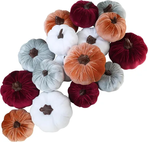 Miniatura 10 de Winlyn Juego de 16 calabazas de terciopelo sintético surtidas, decorativas, color verde azulado, verde, gris, marfil, calabazas de espuma de tela
