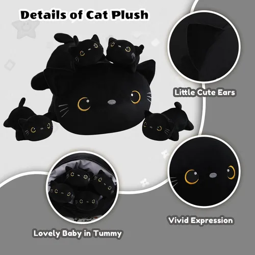 Miniatura 2 de SQEQE Peluche de gato negro con 4 bebés, gato en la barriga, lindo gato negro de peluche para niños, regalos ideales para Navidad, San Valentín