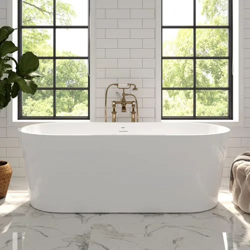 FerdY Shangri-La - Bañera de acrílico independiente de 67 pulgadas, bañera de remojo de acrílico de forma ovalada clásica con desagüe de níquel