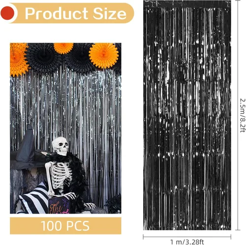 Miniatura 3 de Paquete de 100 cortinas de fondo de flecos de papel de aluminio negro de 3.2 x 8.2 pies, cortinas de flecos de oropel negro para decoraciones