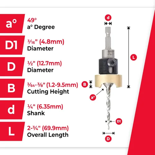 Miniatura 4 de Amana Tool Avellanador de 82 grados con broca cónica y tope de profundidad ajustable, 55155, 1/2 D x 3/16 D de broca x vástago hexagonal