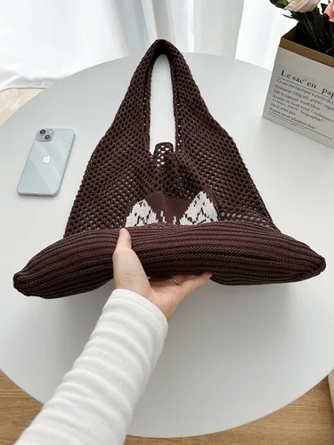Miniatura 3 de ENBEI Bolsas bohemias, bolsa de punto de hombro, bolsa de mano Y2K estética, bolso de ganchillo lindo para mujeres, regalos hippie Café con una