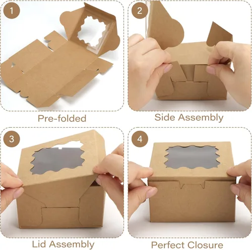 Miniatura 4 de LotFancy 60 cajas de panadería marrones con ventana, 4 x 4 x 2.5 pulgadas, cajas pequeñas para galletas, mini cajas de golosinas para mini pasteles