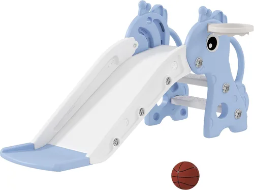 Qaba Tobogán para niños pequeños con escalador, aro de básquetbol y pelota, tobogán para interiores con diseño de jirafa, equipo de juego Azul