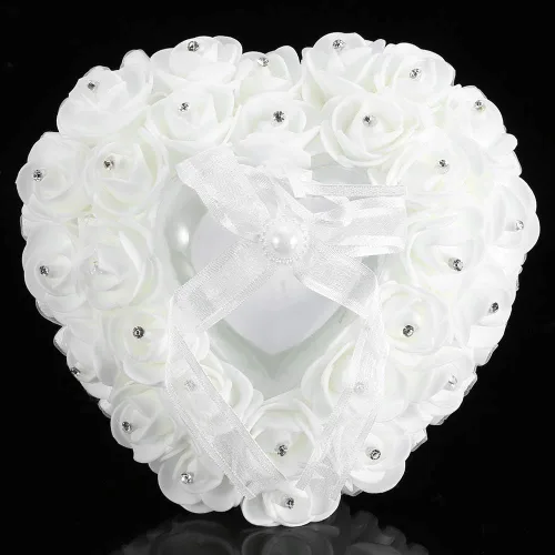 Miniatura 5 de TOPINCN Almohada de boda, soporte de caja de corazón de boda, romántica en forma de corazón, caja de boda, decoración de rosa, cojín de almohada