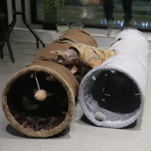 Miniatura 6 de Túnel para gatos de interior, túnel plegable para gatos grandes de 51 x 12 pulgadas, túneles de gamuza marrón para mascotas con dos mirillas y una