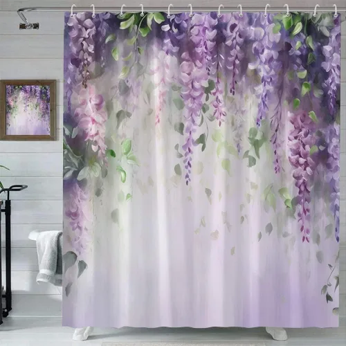 Cortina de ducha con flores florales de otoño, acuarela, naranja, lavanda, vid, hojas de otoño amarillas sobre fondo borroso con decoración de baño