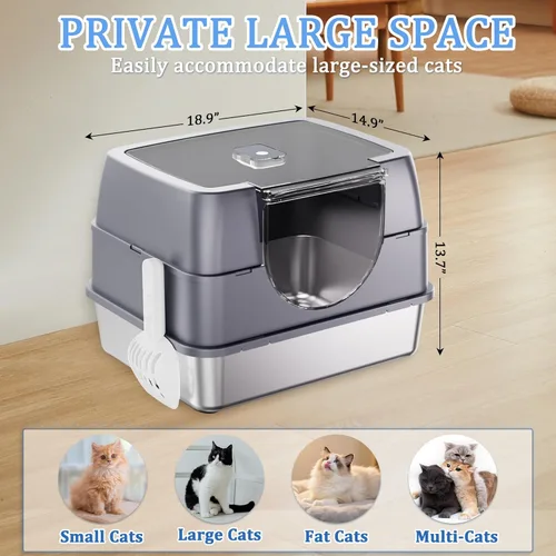 Miniatura 5 de Caja de arena cerrada para gatos con tapa abatible, caja de arena grande cubierta de acero inoxidable, bandeja de arena de metal de alta cara