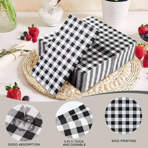 Miniatura 3 de Paquete de 100 servilletas de cuadros negros – 3 capas desechables de búfalo a cuadros servilletas de cena, servilletas de invitados, toallas