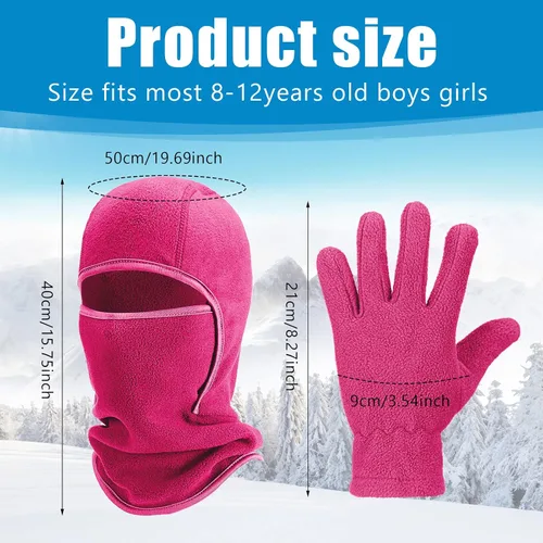 Miniatura 2 de Juego de 4 pasamontañas para niños, máscara de esquí y guantes de forro polar, gorro de invierno, máscara facial cálida para niños y niñas de 8 a 12