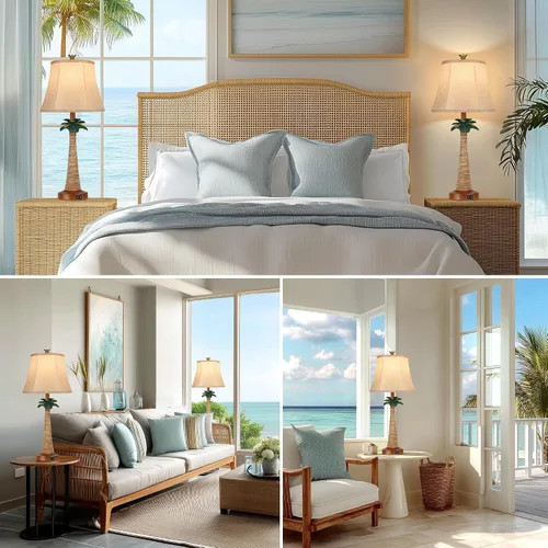 Miniatura 2 de Hamucd Juego de 2 lámparas de mesa con palmera costera con 2 puertos USB para sala de estar, playa, lámparas náuticas para mesita de noche