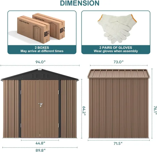 Miniatura 7 de Gizoon Cobertizo de almacenamiento para exteriores de 8 x 6 pies, cobertizo de jardín de metal galvanizado con puertas dobles con cerradura, Marrón