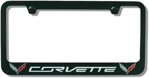 C7 Corvette - Marco de matrícula con doble logotipo, banderas cruzadas y escritura - negro para Corvettes 2014-2019