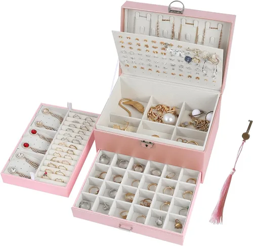 BOOVO Joyero de pendientes para mujeres y niñas, organizador de joyas de 5 capas con candado, organizador de aretes, collar y anillos, caja