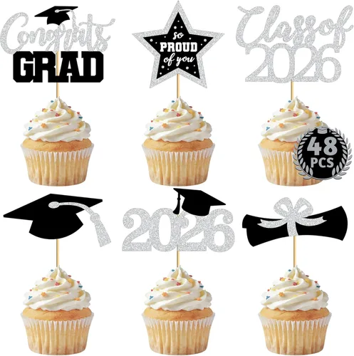 Miniatura 12 de 48 adornos para cupcakes de graduación, 6 estilos con purpurina, decoraciones de graduación en negro y rojo 2026, tapas y palillos para pasteles