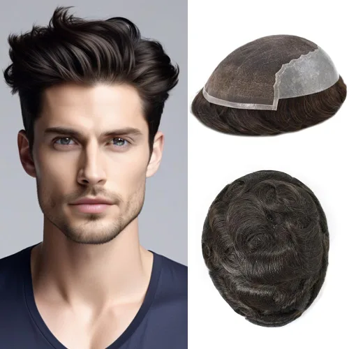 Miniatura 10 de Mens Toupee Human Hair Replacement System Swiss Lace Toupee For Men Hair Piece Protesis Capilar Mens Hairpiece 5X7#1 Jet Black 120% Density
