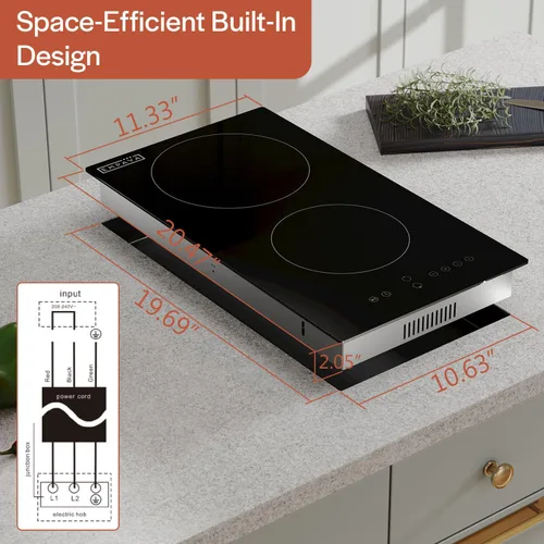 Miniatura 7 de Empava Placa de cocina eléctrica de infrarrojos de 2 quemadores, estufa eléctrica integrada de 3000W para la cocina, 208~240V con cableado fijo, sin