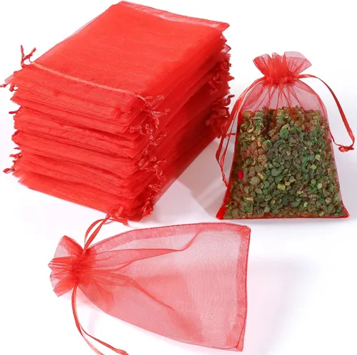 Hopttreely 100 bolsas de organza transparente, bolsas de regalo de joyería roja, bolsas de regalo de boda de Navidad de 4 x 6 pulgadas con cordón,