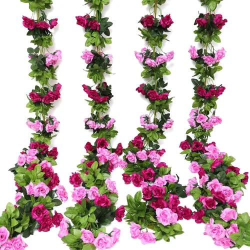 Miniatura 13 de Floweroyal Paquete de 2 guirnaldas de flores artificiales de 15.8 pies, flores de seda falsas de hiedra rosa para colgar en el arco de boda, fiesta