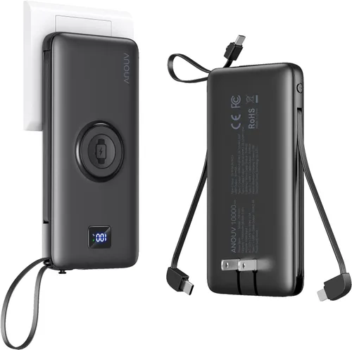Portable Charger Built-in Cables, AC Wall Plug and Magnetic Wireless iWatch Charger, 10000mAh 22.5W PD Fast Charging Power Bank, Compact Battery