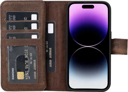 Miniatura 27 de HARDISTON Funda de piel auténtica de alta calidad hecha a mano para iPhone 11 Pro de 5.8 pulgadas, tarjeteros de doble folio, funda magnética Negro