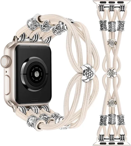 Miniatura 18 de TOYOUTHS Correa bohemia compatible con Apple Watch Band de 1.65, 1.57, 1.57 y 1.49 pulgadas, con cuentas, trenzada, elástica, occidental, elegante