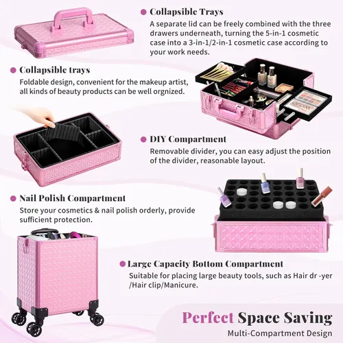 Miniatura 7 de AROUS Estuche de maquillaje rodante 5 en 1, estuche de cosmetología con ruedas, organizador cosmético grande, carro de viaje para estilista