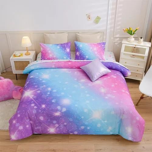 Miniatura 18 de A Nice Night Juego de Edredón para Niñas Tamaño Twin 6 Piezas Cama en una Bolsa Ropa de Cama 3D Colorida Brillante Galaxia Arcoíris