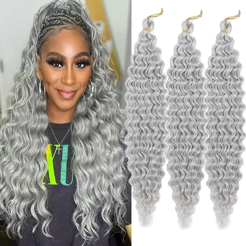 Miniatura 13 de Pelo ondulado de ganchillo de 18 pulgadas, cabello rizado trenzado, 3 paquetes de cabello trenzado de onda profunda para diosa, trenzas sin nudos