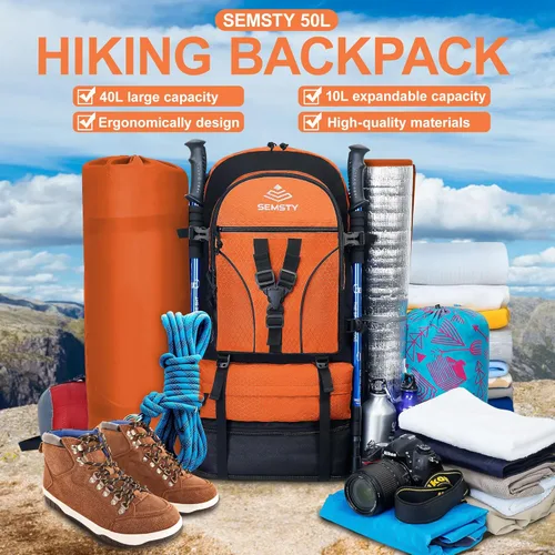 Miniatura 7 de Mochila de senderismo expandible de 40 L/50 L para hombres y mujeres, mochila de viaje y camping aprobada para vuelos 40l+10l naranja
