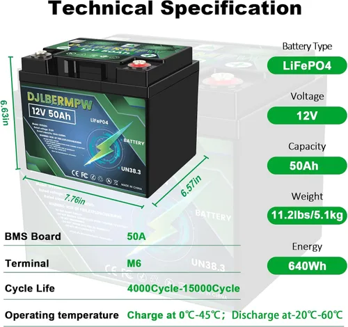 Miniatura 8 de Batería LiFePO4 de 12V 50Ah Batería de litio de 12V 50Ah, más de 4000 ciclos profundos Baterías de litio marinas con BMS integrado de 50A 640Wh
