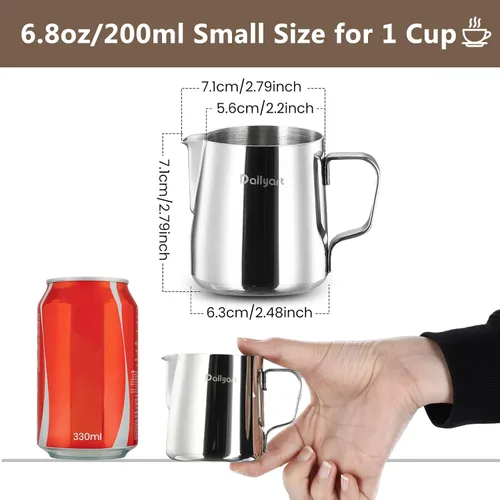 Miniatura 3 de Dailyart - Jarra espumadora de leche de 6.8 oz/6.8 fl oz, acero inoxidable 304, con escala interna, accesorios de espresso, jarras espumadoras