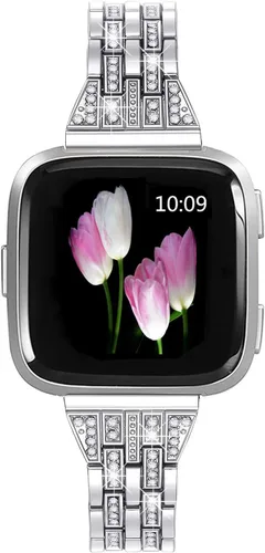 Miniatura 7 de Bandas compatibles con Fitbit Versa 2/Versa Lite/Versa, pulsera de repuesto con diamantes de imitación de metal para mujer, color negro