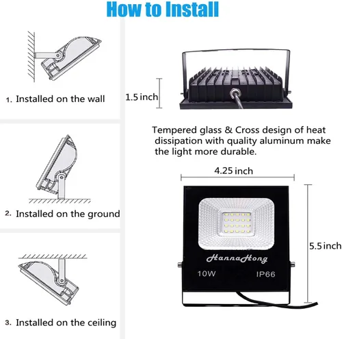 Miniatura 2 de Luz de inundación LED de 10 W, 1100 lúmenes, luz súper brillante de seguridad/trabajo/planta, IP66 impermeable al aire libre, reflector para porche